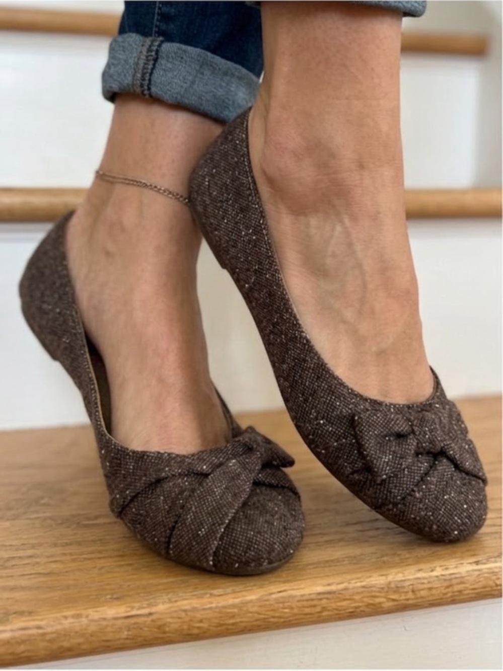 Brown Tweed Bow Ballet Flats